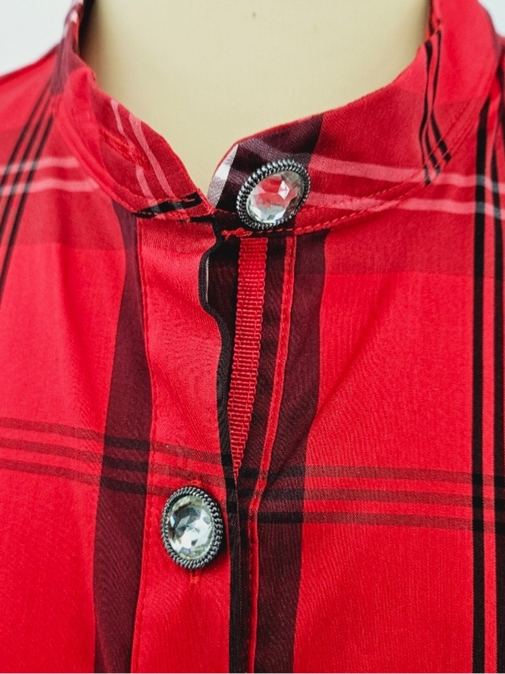 Chico's Red Plaid Crystal Bling Holiday Christmas Blouse Button Down 3 XL 16 18 - Picture 7 of 16